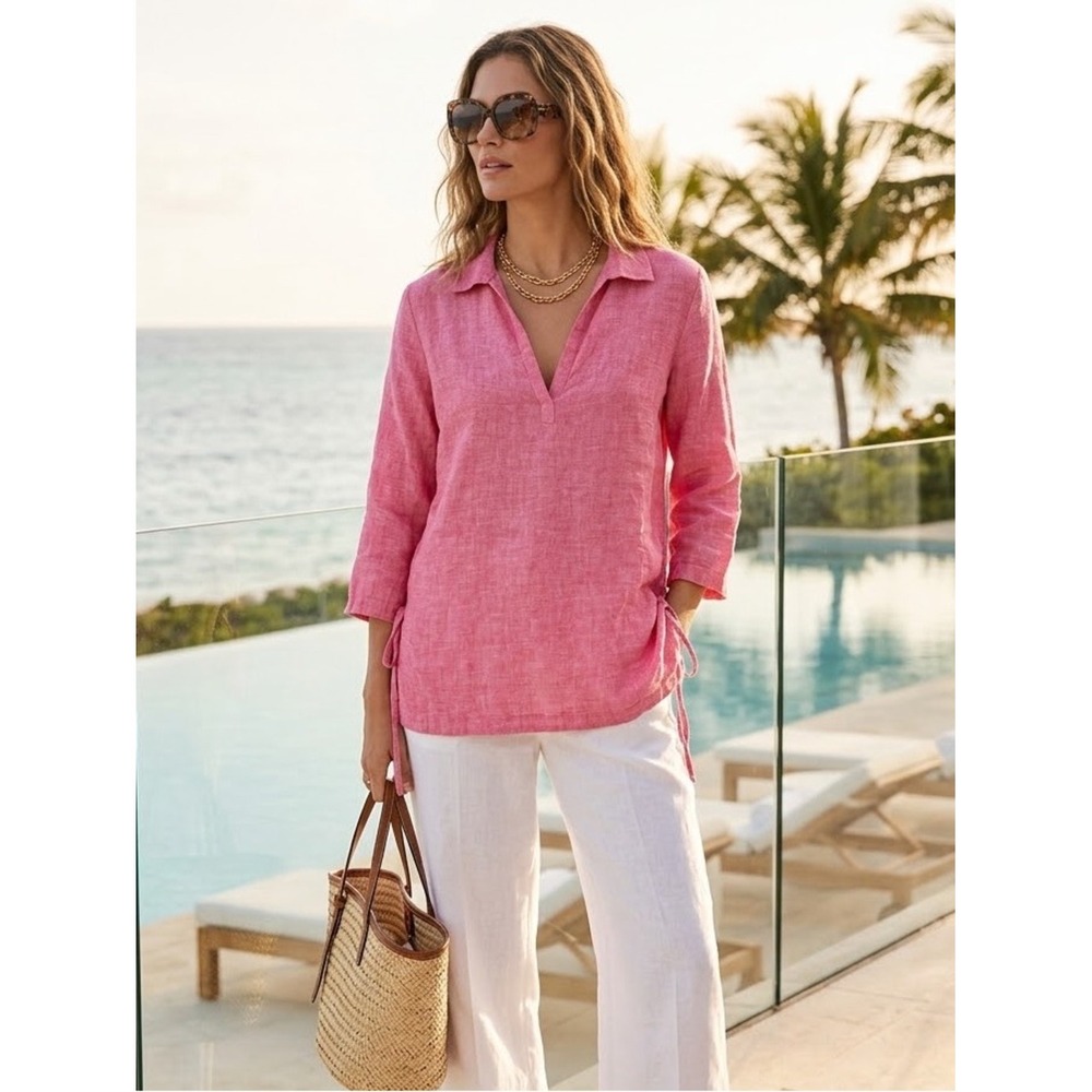 Isaac Mizrahi Pink 100% Linen V-Neck Tunic Top S Tropical Vacation Quiet Luxury
